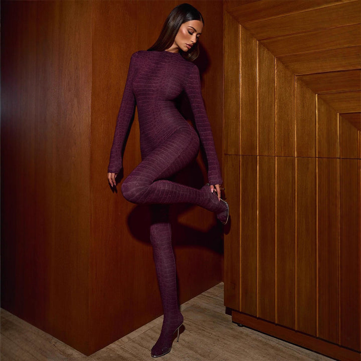 Snake print long-sleeved slim-fit jumpsuit