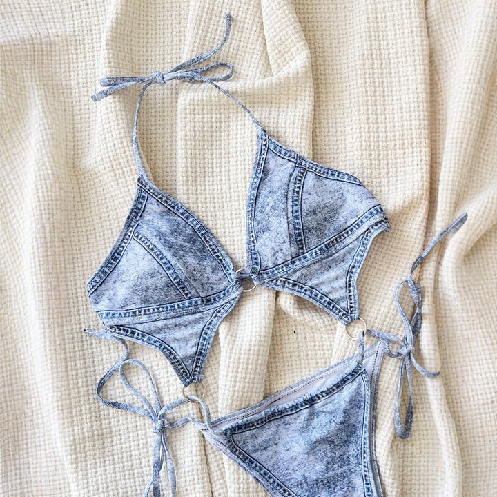 One-piece denim printed swimsuit