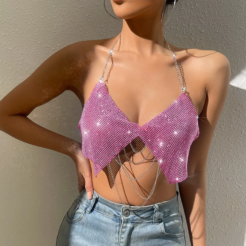 Shimmering chain-strap backless halter top