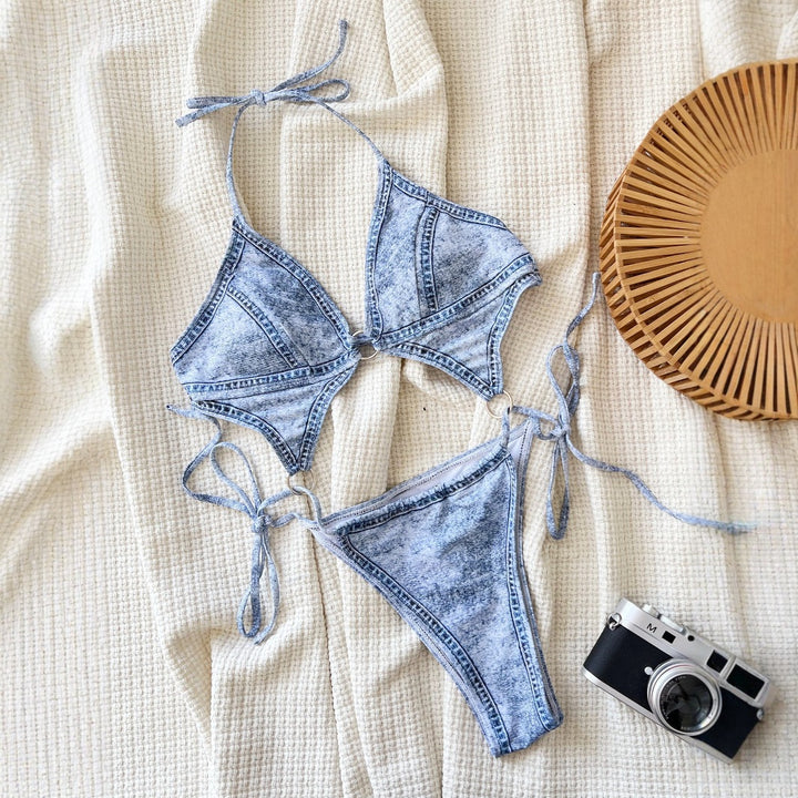 One-piece denim printed swimsuit