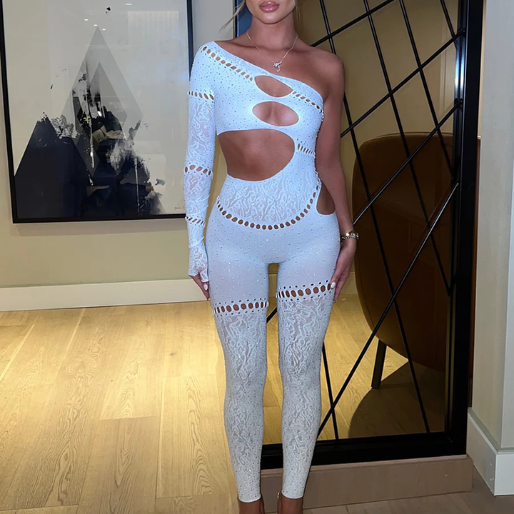 Shimmering Cut-Out Mesh Bandage Bodysuit