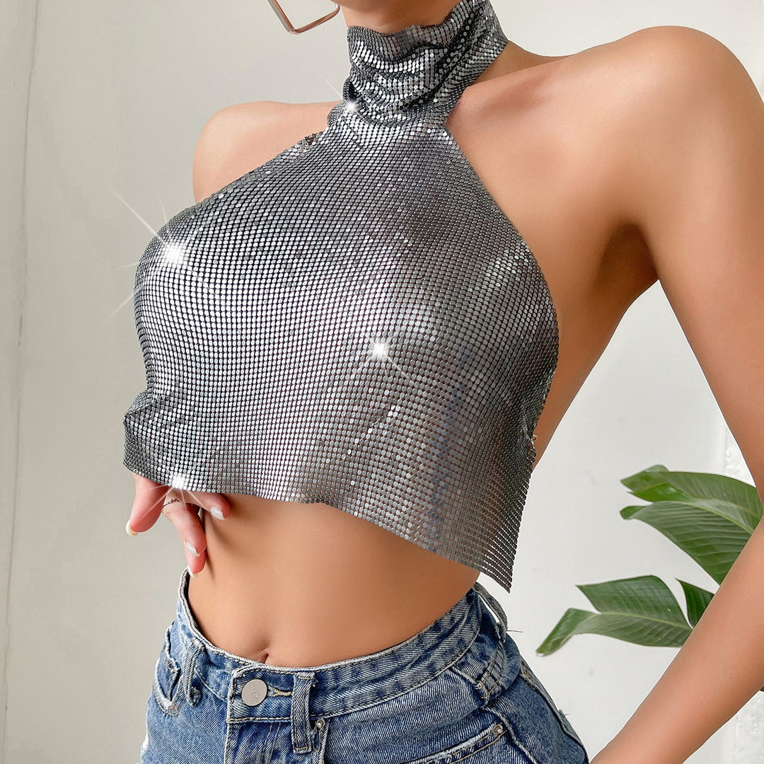 Metallic sequined high-neck backless tank top