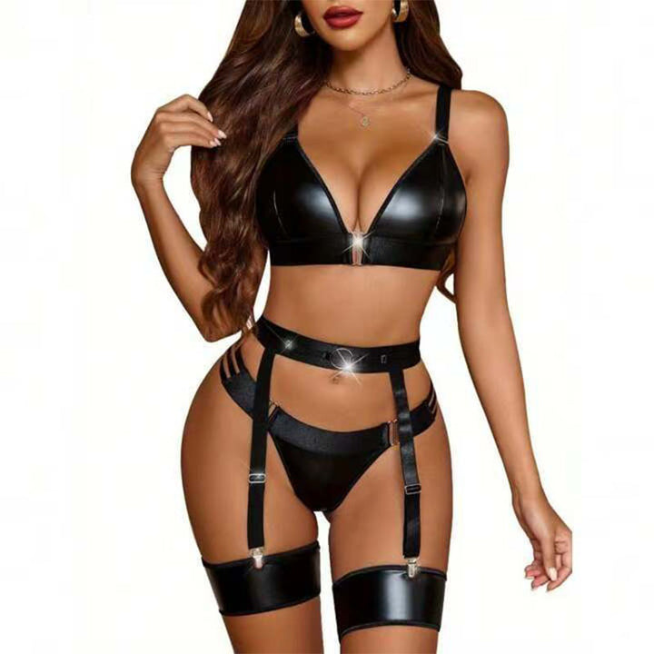 Faux leather garter lingerie set