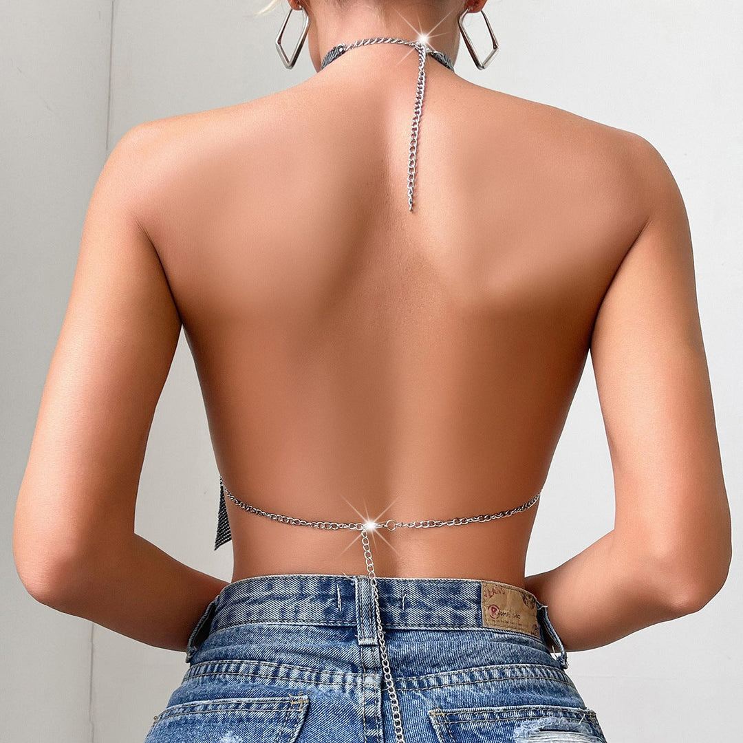 Metallic sequined high-neck backless tank top