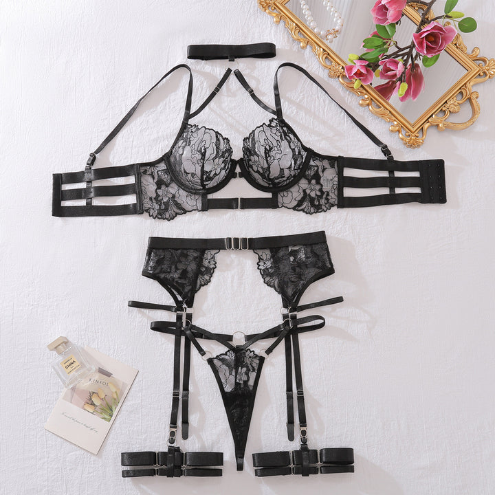 Embroidered Mesh Panel Shapewear Panties Garter Set