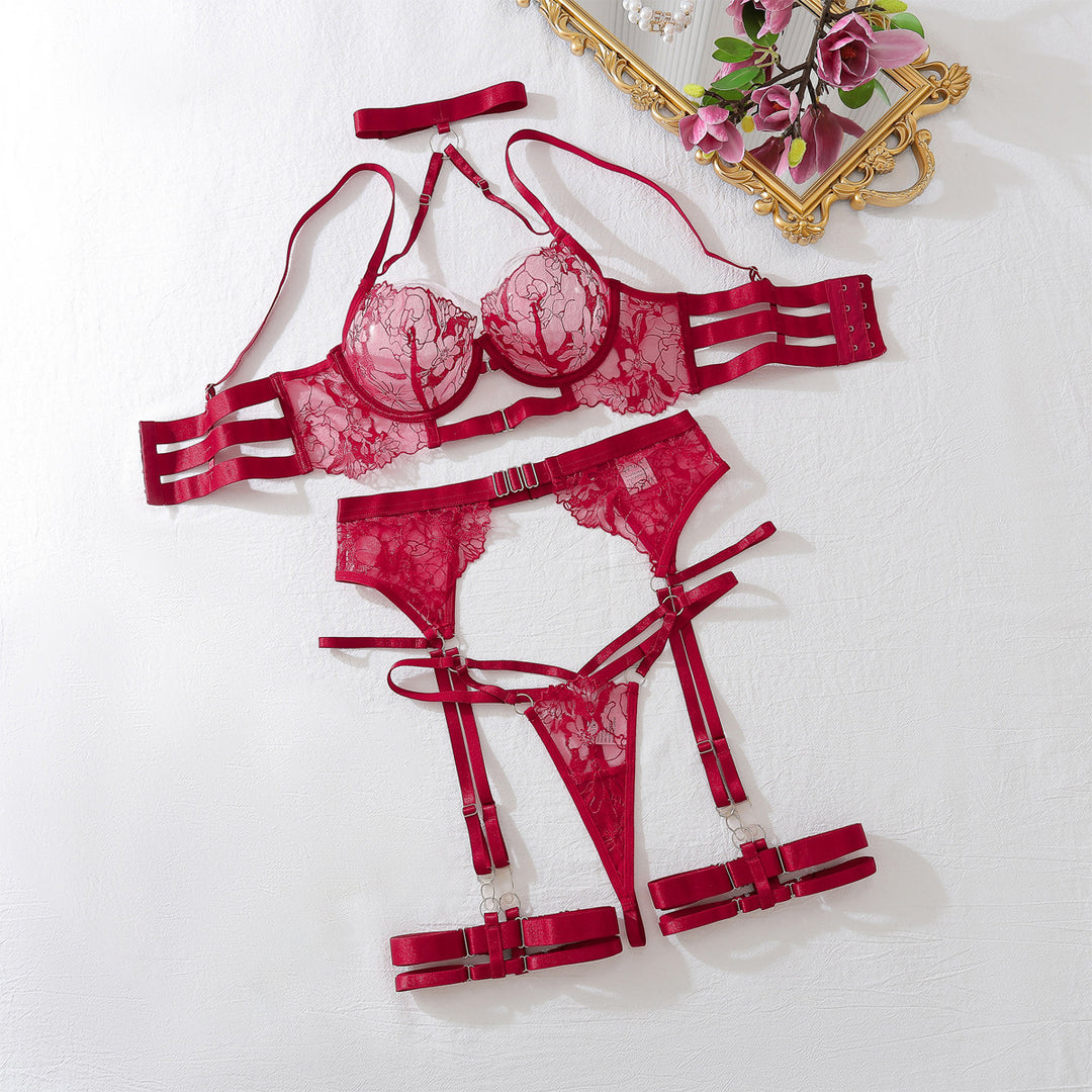 Embroidered Mesh Panel Shapewear Panties Garter Set