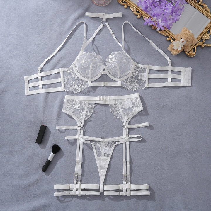Embroidered Mesh Panel Shapewear Panties Garter Set