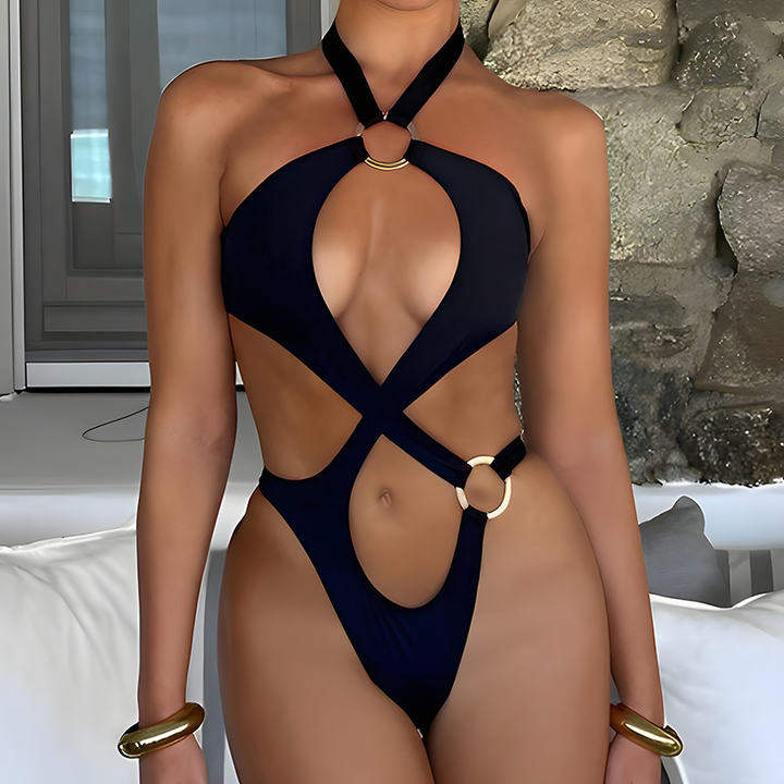 Halter-neck cutout metal ring one-piece swimsuit