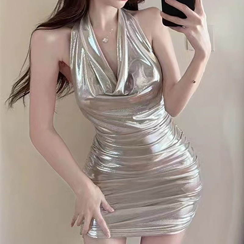 Shiny Metallic Halter-Neck Ruched Mini Dress