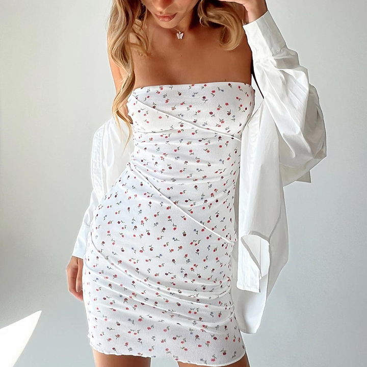 Floral strapless fitted tube mini dress