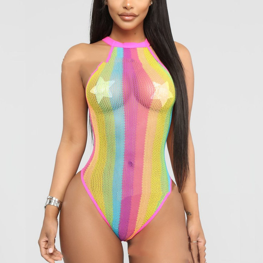 Sexy mesh woven colorful striped sheer bodysuit