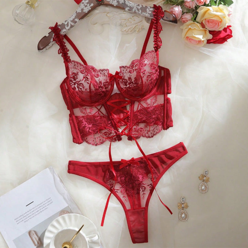 Embroidered Black Mesh Lingerie Set