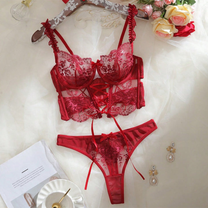 Embroidered Black Mesh Lingerie Set
