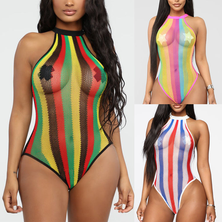 Sexy mesh woven colorful striped sheer bodysuit