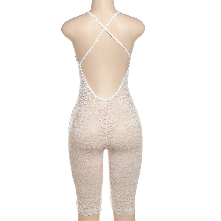 Sexy deep V-neck lace sleeveless high-waisted slim-fit jumpsuit