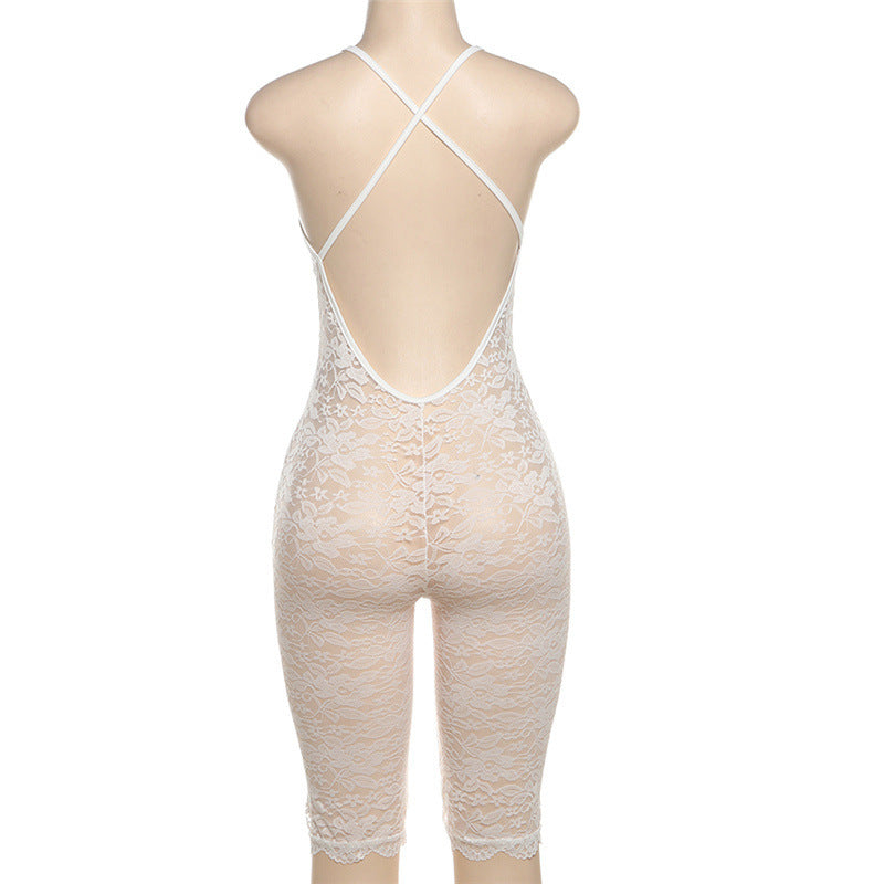 Sexy deep V-neck lace sleeveless high-waisted slim-fit jumpsuit