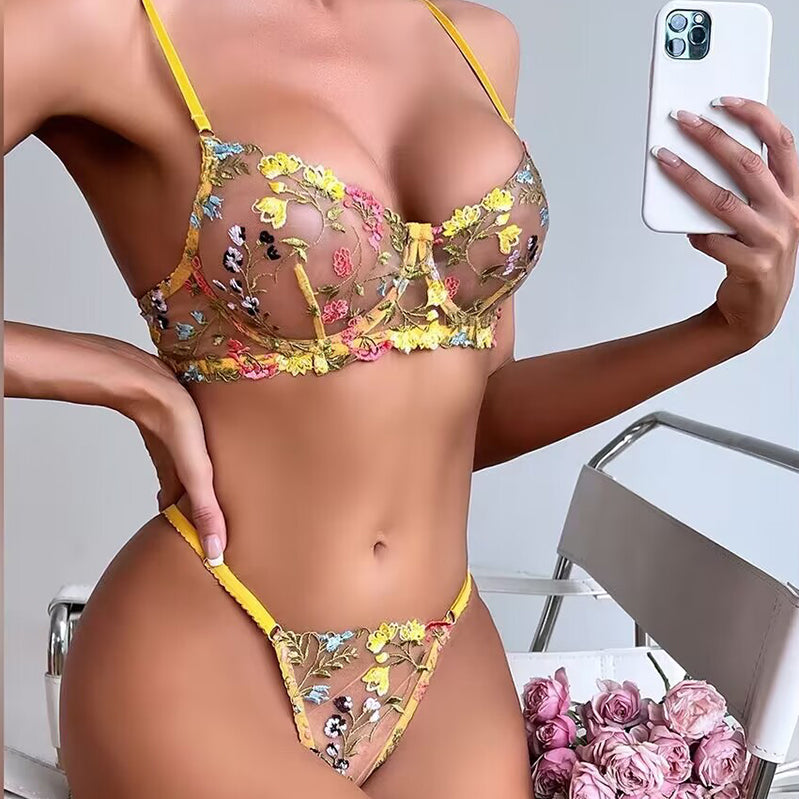 Sexy Embroidered Floral Color-Blocked Bra Set