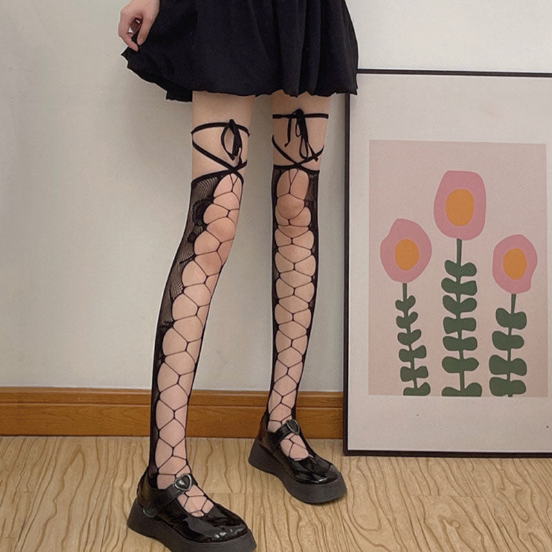 Cut-out lace-up knee-high socks