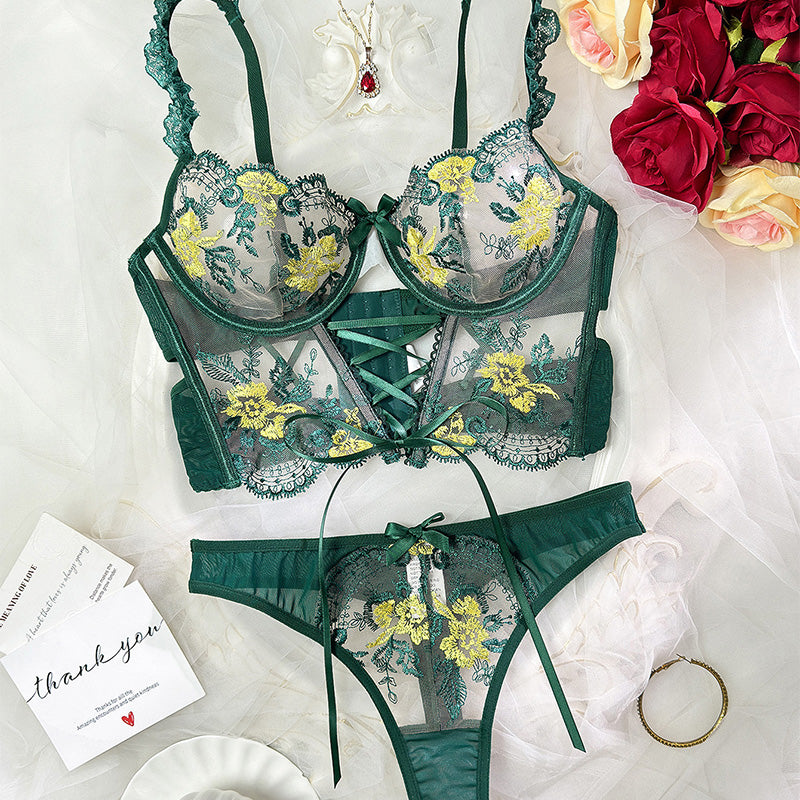 Embroidered Black Mesh Lingerie Set