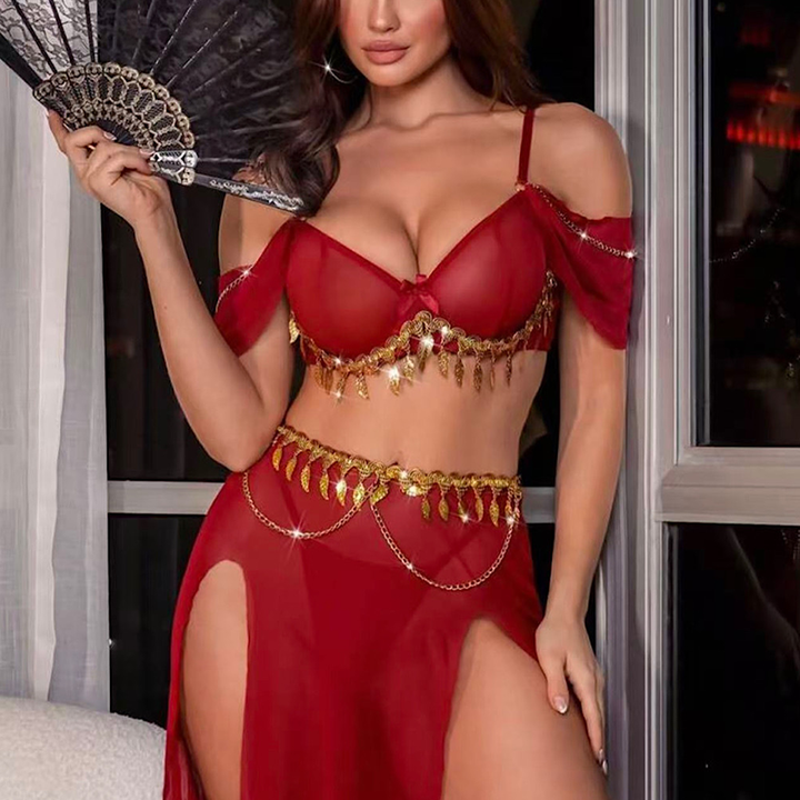 Gold Tassel Sheer Mesh Lingerie Set
