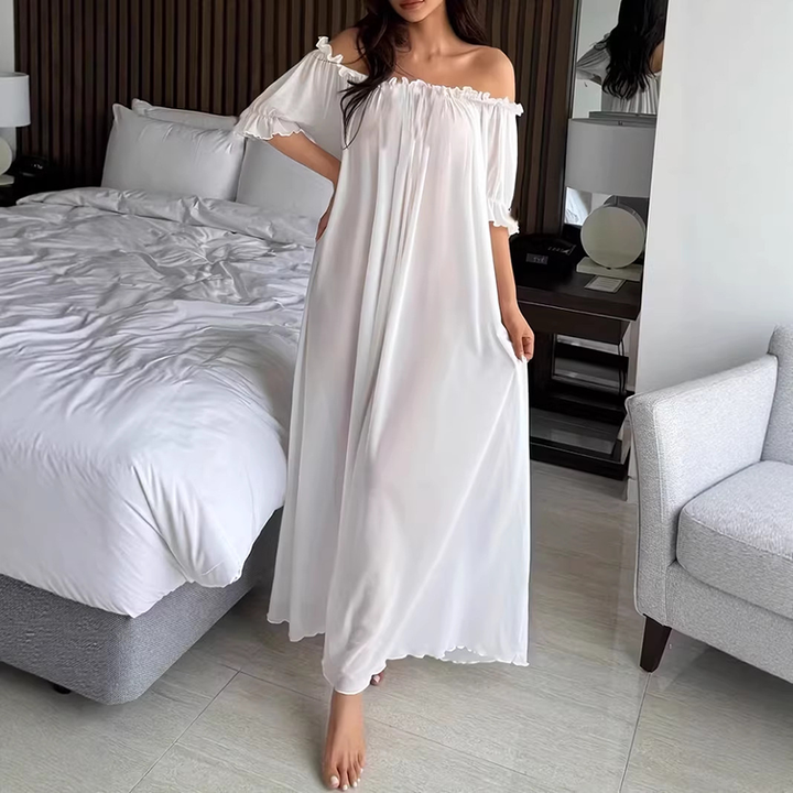Off-Shoulder Ruffled Sheer Mesh Nightgown