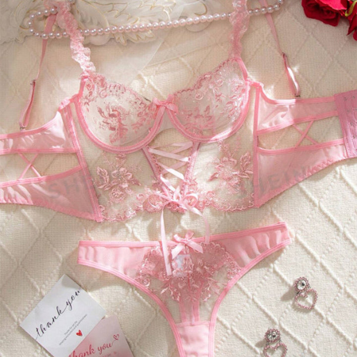 Embroidered Black Mesh Lingerie Set