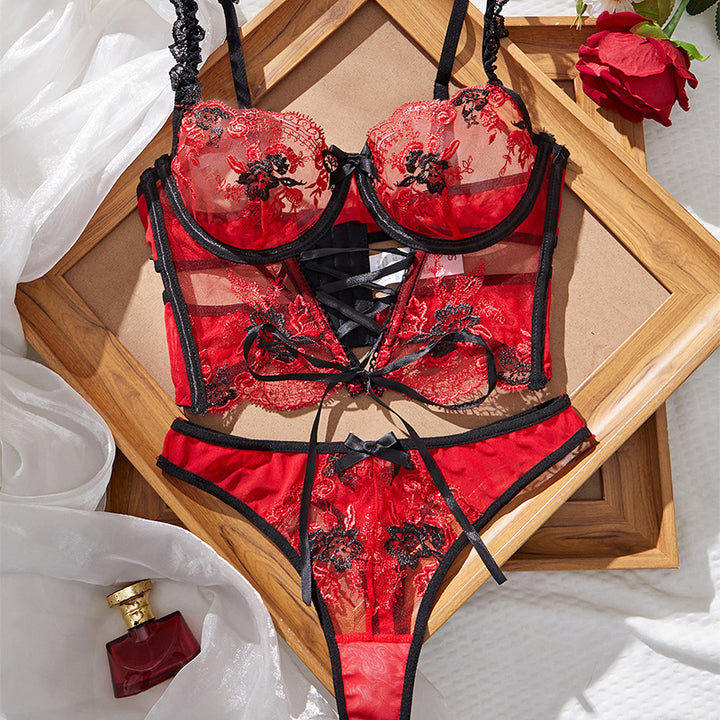 Embroidered Black Mesh Lingerie Set