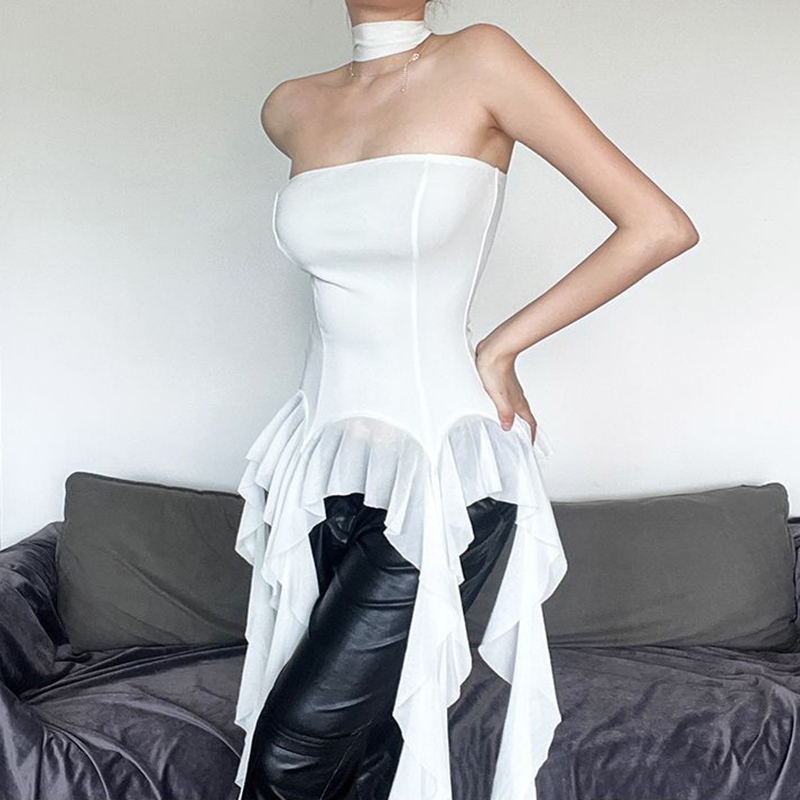 New Ruffled Ribbon Tube Top with Asymmetrical Design