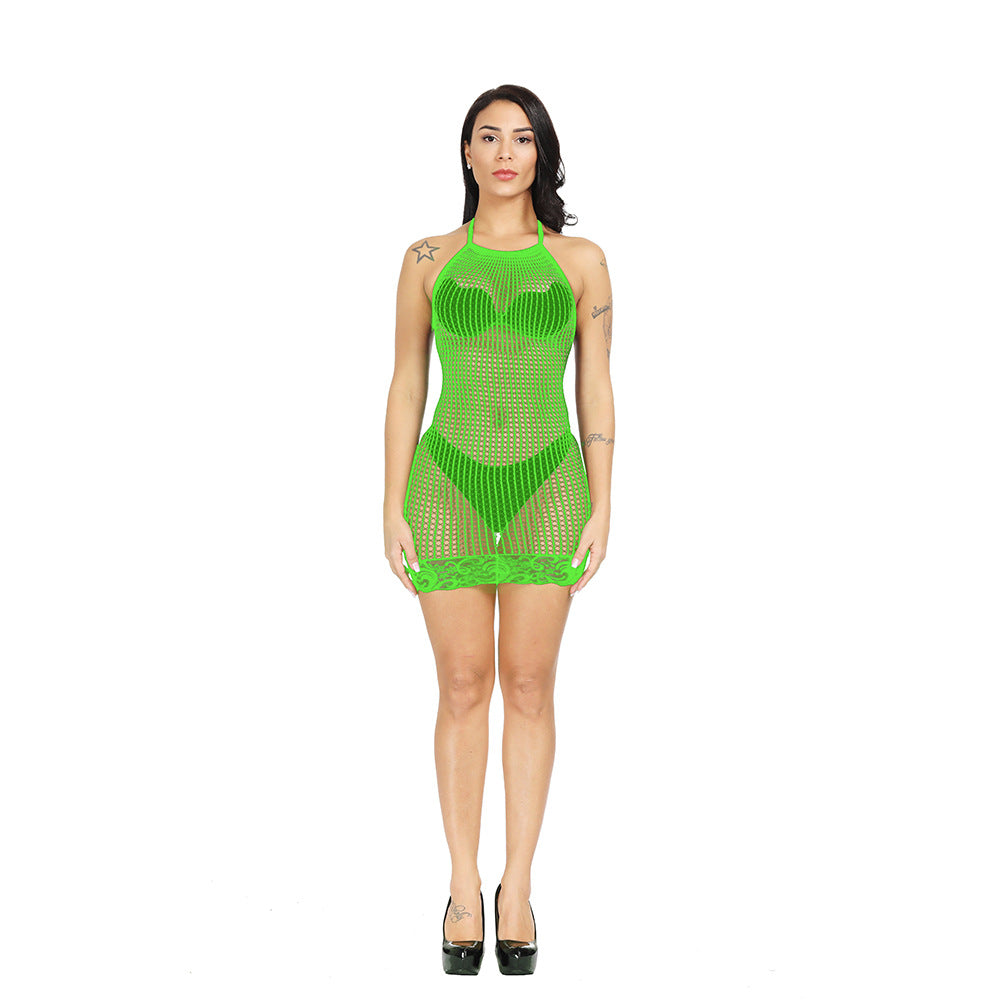 Sexy halter-neck lingerie, sheer mesh bodysuit, and see-through bodycon skirt.