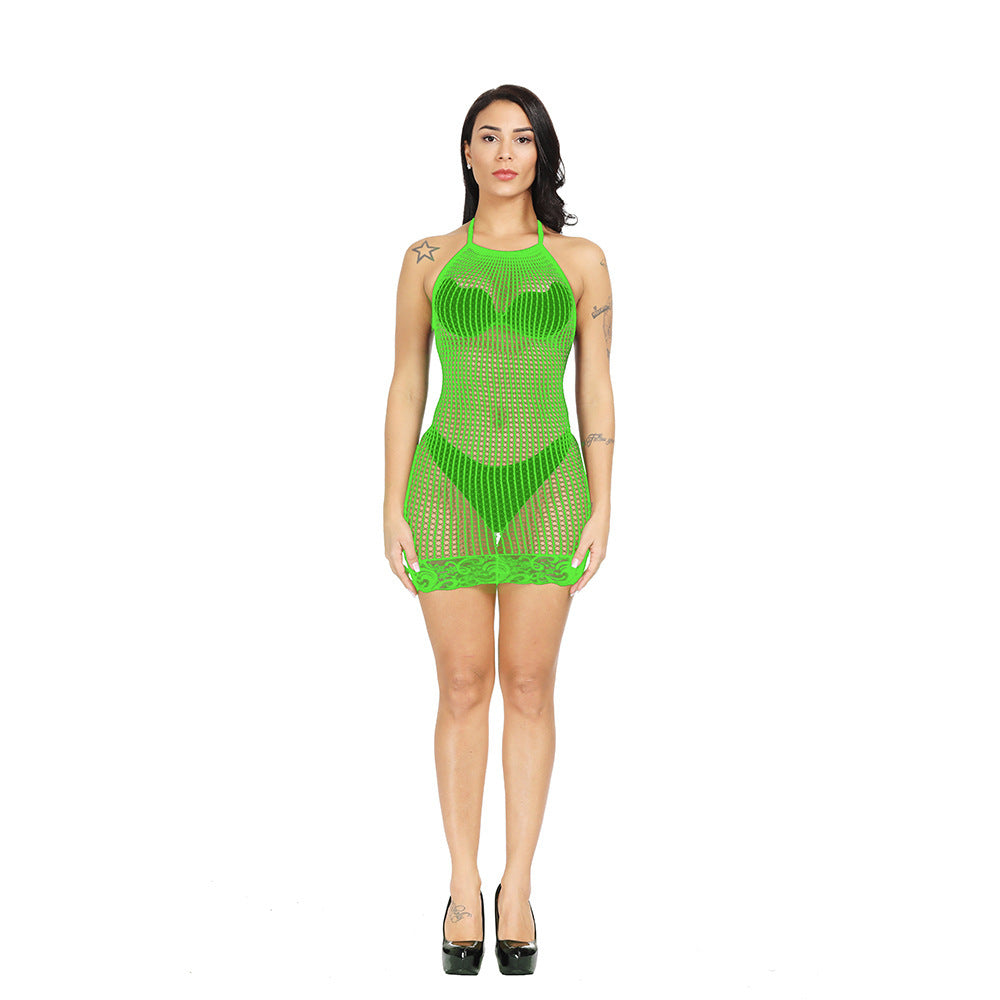 Sexy halter-neck lingerie, sheer mesh bodysuit, and see-through bodycon skirt.