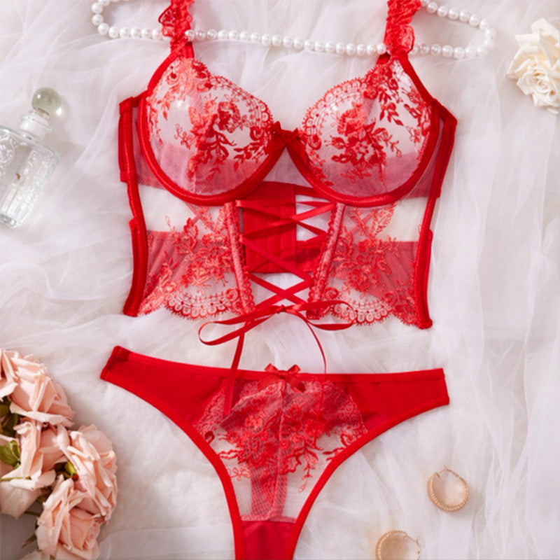 Embroidered Black Mesh Lingerie Set