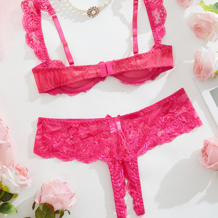 Ruffled lace-strap bra and open-crotch panties
