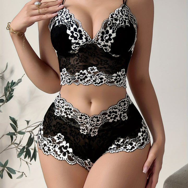 Sexy lingerie lace sheer patchwork camisole two-piece set