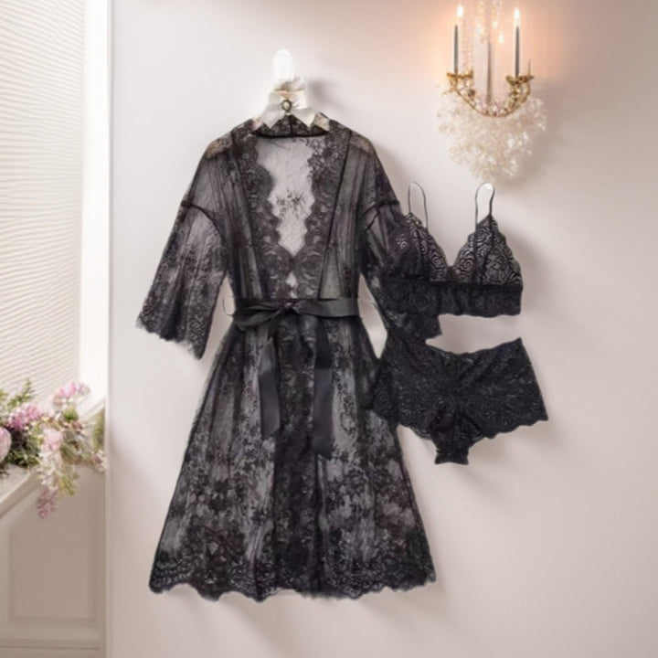 Lace-up three-piece bathrobe set