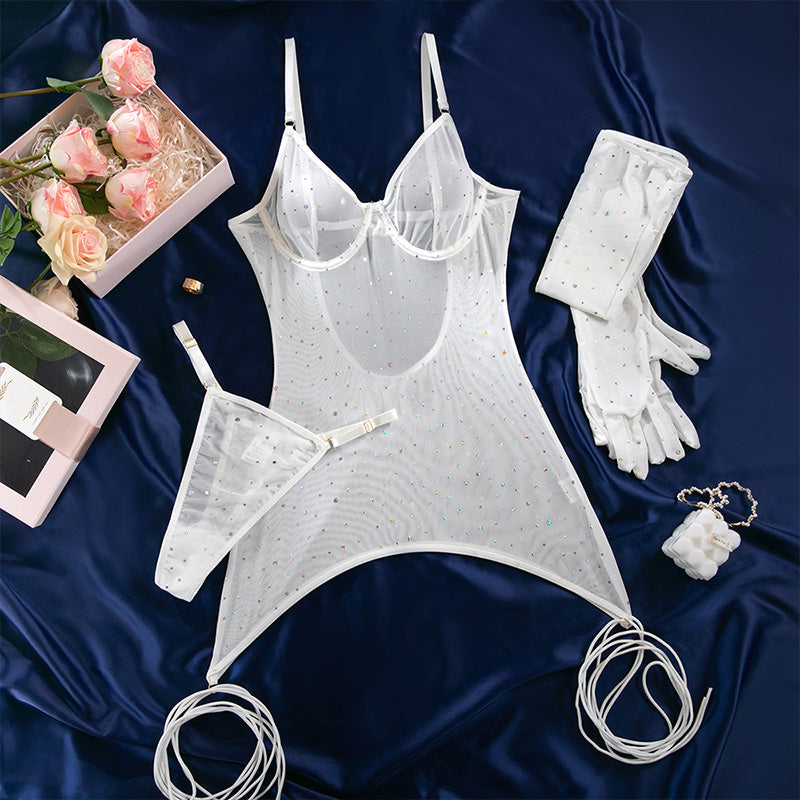 Sequined fitted dress with gloves set