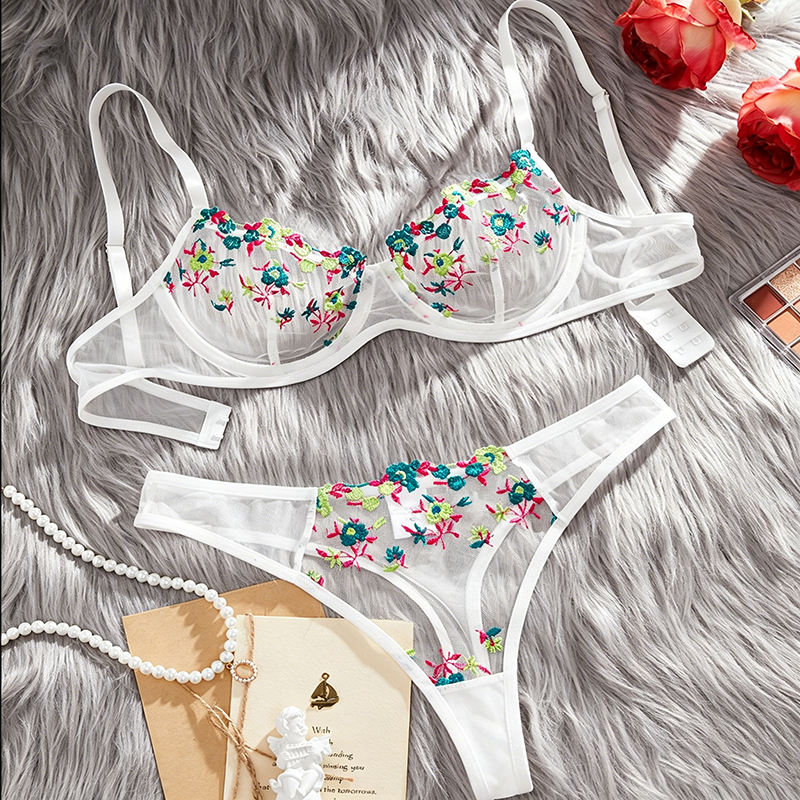 Floral-embroidered mesh lingerie set