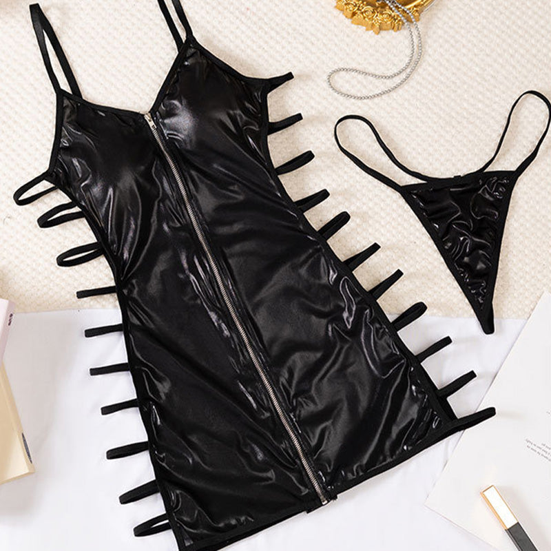 Deep V-neck underwire push-up leather mini skirt suit