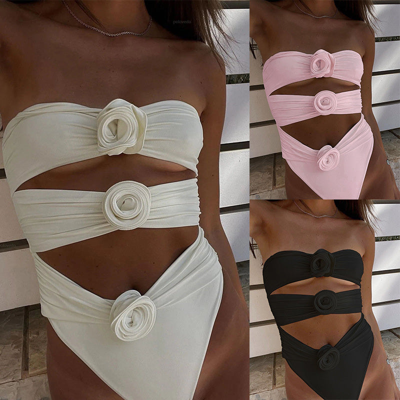 Solid color off-shoulder one-piece swimsuit