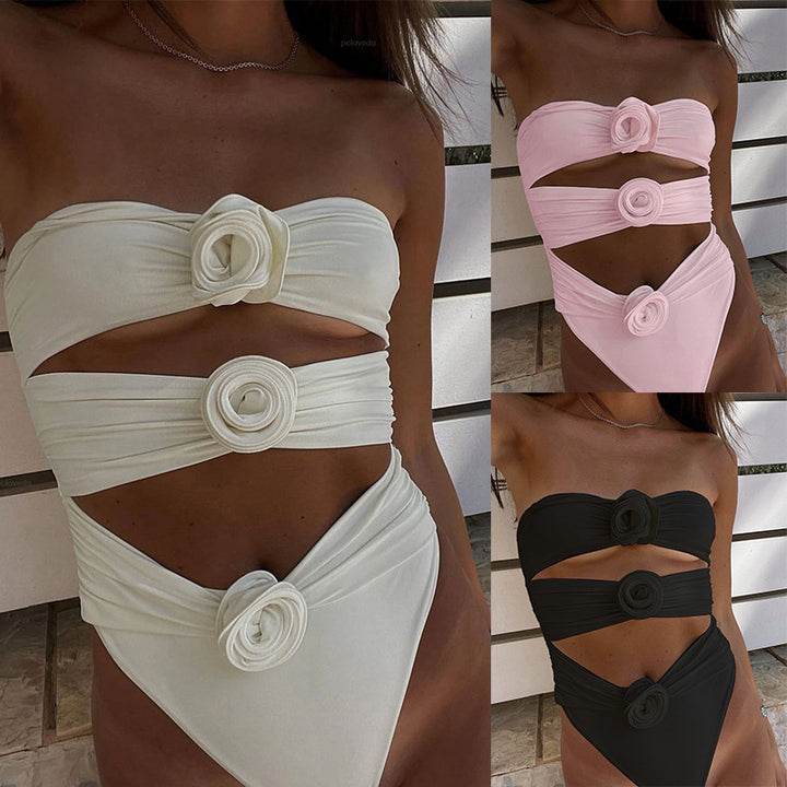 Solid color off-shoulder one-piece swimsuit