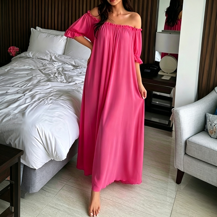 Off-Shoulder Ruffled Sheer Mesh Nightgown