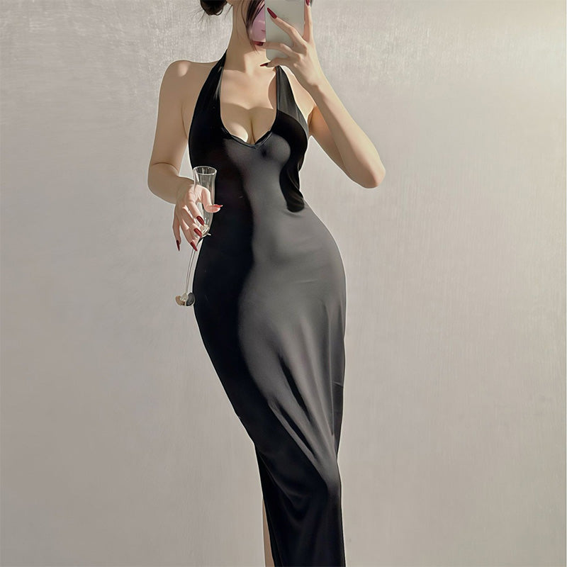 Deep V-neck slit backless dress