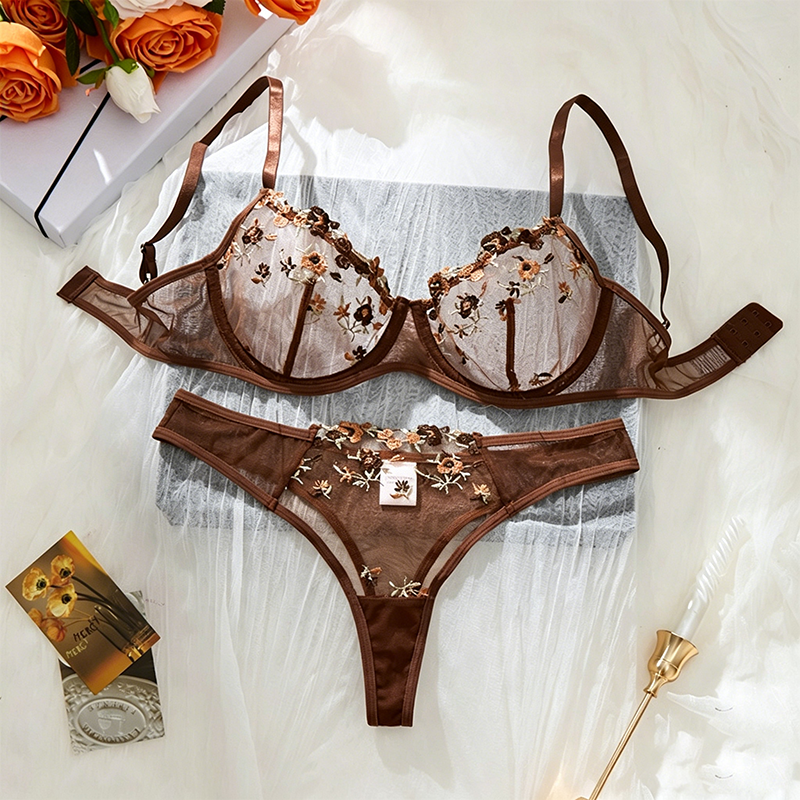 Floral-embroidered mesh lingerie set