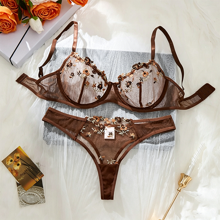 Floral-embroidered mesh lingerie set