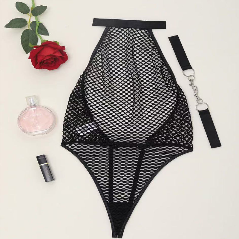 Hollow-out jacquard mesh bodysuit