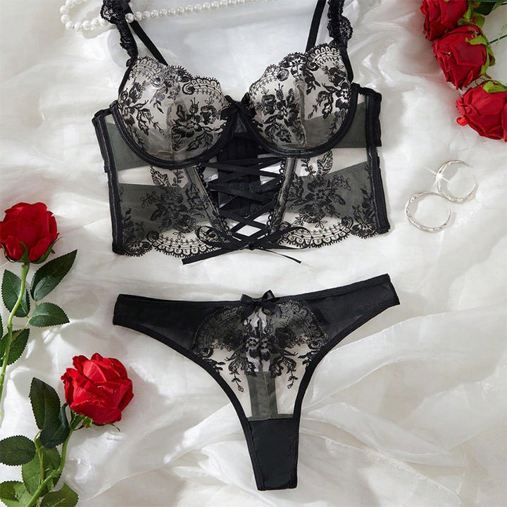 Embroidered Black Mesh Lingerie Set