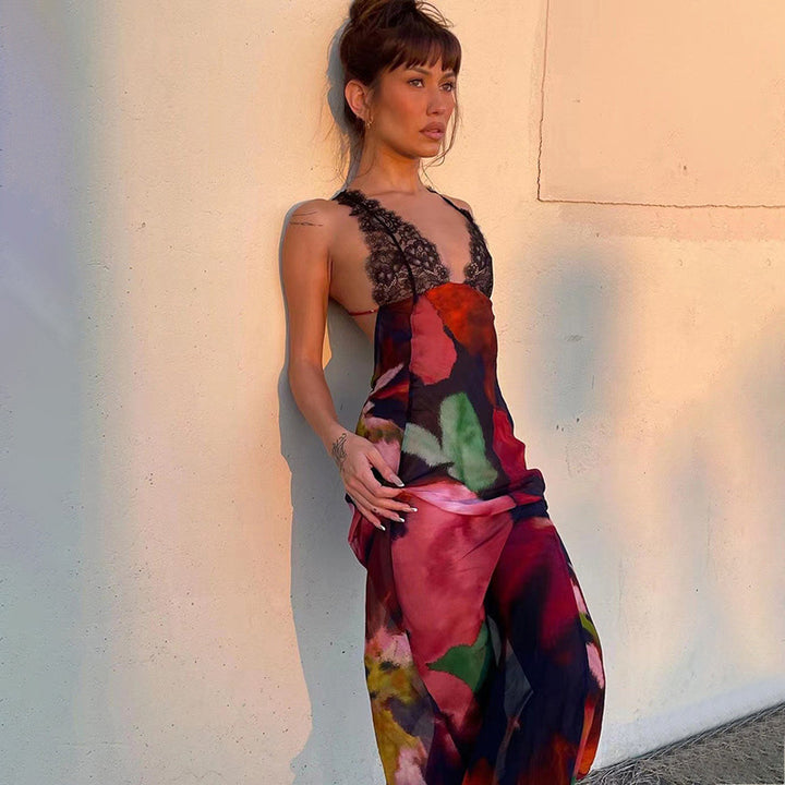 Lace halter backless printed dress