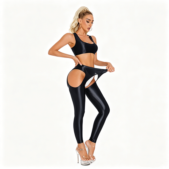Silky Glossy Open-Crotch Leggings