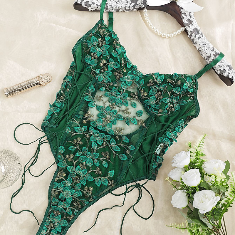 Floral-embroidered mesh bodysuit