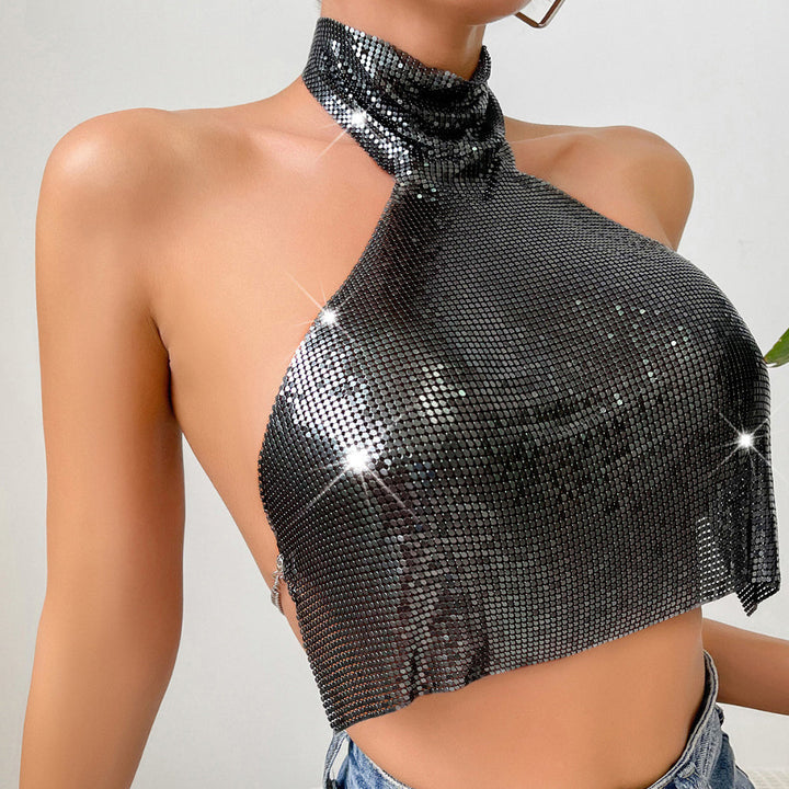 Metallic sequined high-neck backless tank top