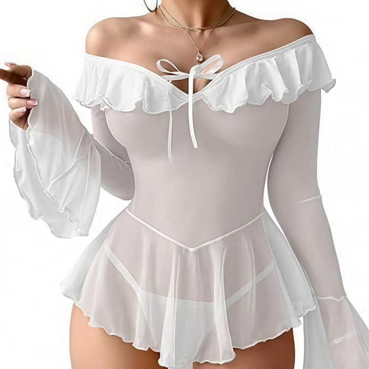 Ruffled Off Shoulder Sheer Mesh Nightgown
